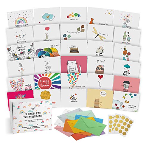 Dessie 30 Unique Thinking Of You Cards With Greetings Inside. Large Greeting Cards Boxed Set. 30 Different Designs - No Repetition. Assorted Color Envelopes, Gold Seals, Storage Box.