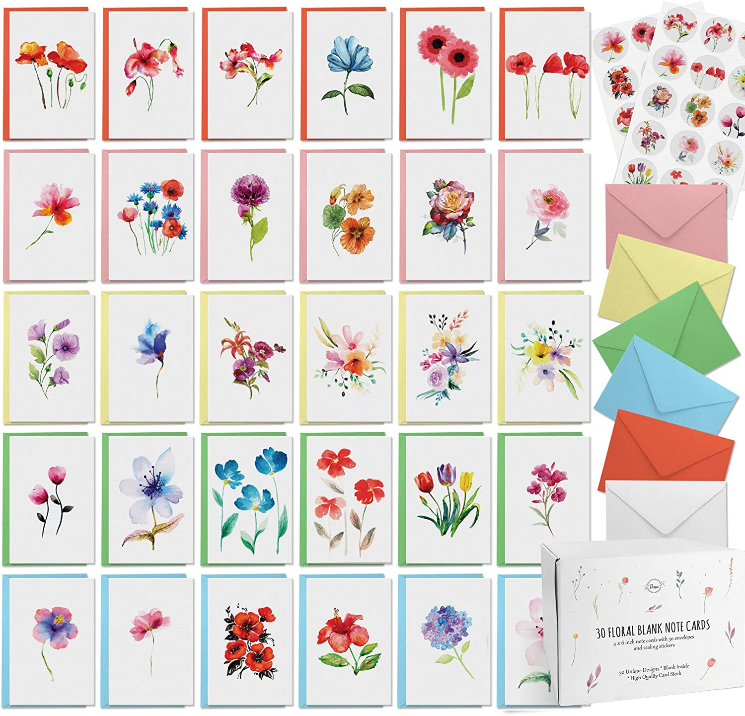 Dessie 30 Floral Watercolor Blank Cards with Envelopes - 30 Different 4x6 inch Blank Greeting Cards w/Assorted Color Envelopes & Matching Seals.