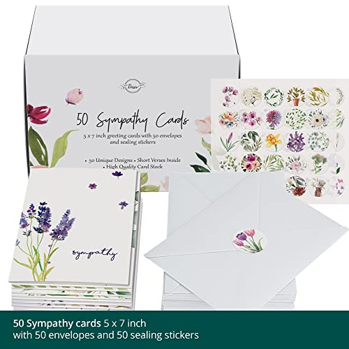 Dessie 50 Different Sympathy Cards with Greetings Inside. 5x7 Inch 50 Condolence Cards with Crisp Designs, Envelopes and Matching Floral Sealing Stickers.