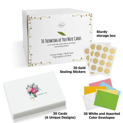 Dessie 30 Thinking of You Cards With Envelopes. 30 4x6 Inch Note Cards with Envelopes - Blank Inside with 6 Unique Floral Designs. White & Colorful Envelopes and Gold Seals In Sturdy Storage Box