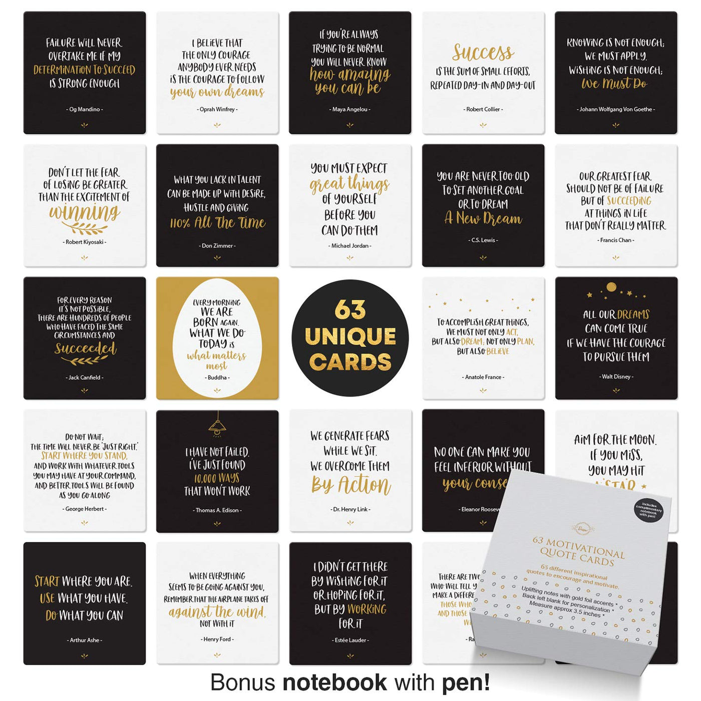 Dessie Motivational Cards - 63 Unique Encouragement Cards Deck with Inspirational Quotes. Bonus Inspirational Notebook with Pen