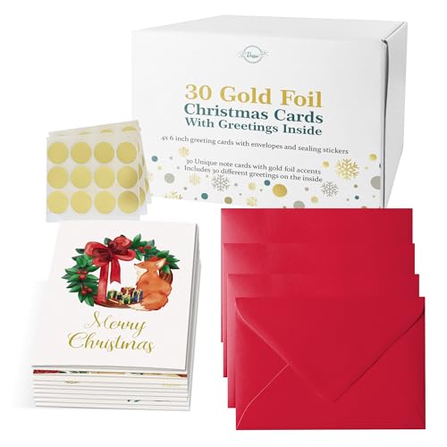 Dessie 30 Unique Gold Foil Christmas Cards with Red Envelopes and Gold Sealing Stickers. Short Greetings Inside. Bulk Christmas and Happy Holiday Greeting Cards Set.