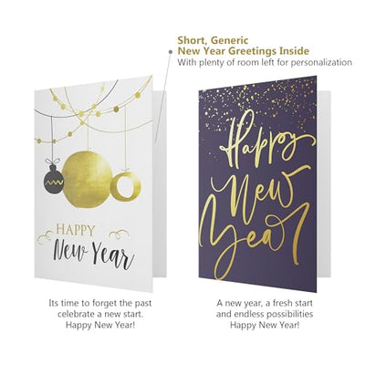 Dessie Boxed Happy New Year Cards - 30 Luxurious Large 5x7 inch Greeting Cards in Vibrant Colors with Gold Foil Accents, Short Greetings Inside. Includes 32 White Envelopes and Sturdy Storage Box