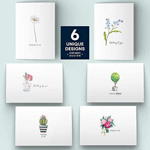 Dessie 30 Thinking of You Cards With Envelopes, Blank Inside with 6 Unique Floral Designs, 4x6 Inches. Assorted Envelopes and Gold Seals I