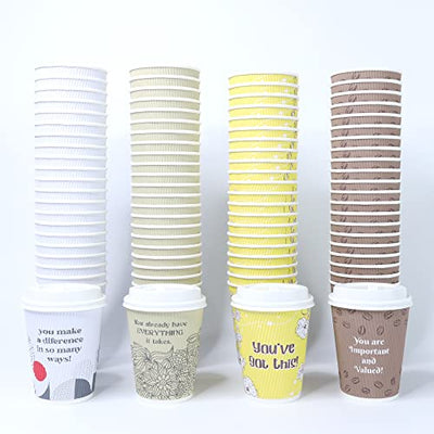 Dessie 100 Disposable Coffee Cups with Lids 12 Oz, To Go Coffee Paper Cups with Lids and Stirrers, Motivational Coffee Cups with Lids 12 Oz.