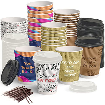 Dessie 100 Disposable Coffee Cups with Lids 12 Oz, To Go Coffee Paper Cups with Lids and Stirrers, Motivational Coffee Cups with Lids 12 Oz.