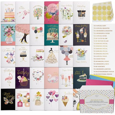 Dessie 30 Gold Foil Birthday Cards Assortment with Inside Greetings. Made Especially for Women. Colored Envelopes and Sealing Stickers. Also Includes Personalized Gold Foil Lettering. Birthday Cards For Her
