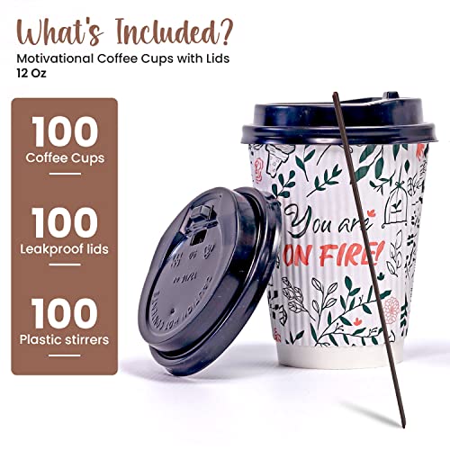 Dessie 100 Disposable Coffee Cups with Lids 12 Oz, To Go Coffee Paper Cups with Lids and Stirrers, Motivational Coffee Cups with Lids 12 Oz.