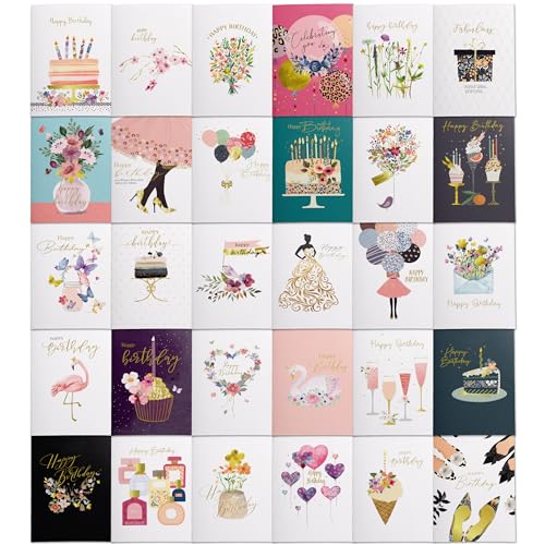 Dessie 30 Gold Foil Birthday Cards Assortment with Inside Greetings. Made Especially for Women. Colored Envelopes and Sealing Stickers. Also Includes Personalized Gold Foil Lettering. Birthday Cards For Her