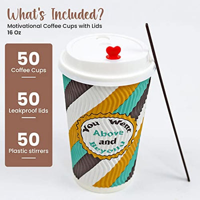 Dessie 50 Disposable Coffee Cups With Lids 16 oz, 5 Unique Designs. Motivational Hot Cups With Lids 16 oz, Heat Resistant, Leakproof & Sturdy. Paper Coffee Cups With Lids.