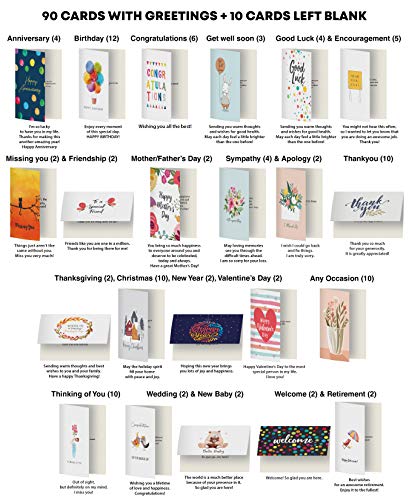 Dessie 110 Large All Occasion Greeting Cards Assortment w/Greetings Inside. Birthdays, Sympathy, Thinking Of You etc. Card Organizer Box + Dividers, Colored Envelopes, Gold Seals