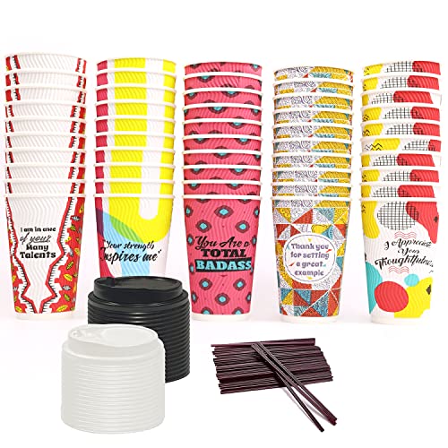 Dessie 50 Disposable Coffee Cups With Lids 16 oz, 5 Unique Designs. Motivational Hot Cups With Lids 16 oz, Heat Resistant, Leakproof & Sturdy. Paper Coffee Cups With Lids
