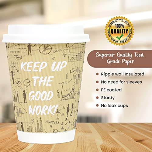 Dessie 100 Disposable Coffee Cups with Lids 12 Oz, To Go Coffee Paper Cups with Lids and Stirrers, Motivational Coffee Cups with Lids 12 Oz.