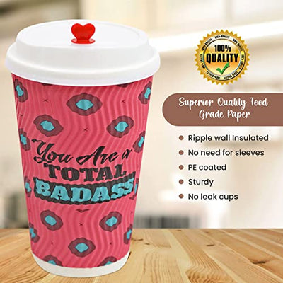 Dessie 50 Disposable Coffee Cups With Lids 16 oz, 5 Unique Designs. Motivational Hot Cups With Lids 16 oz, Heat Resistant, Leakproof & Sturdy. Paper Coffee Cups With Lids