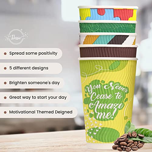 Dessie 50 Disposable Coffee Cups With Lids 16 oz, 5 Unique Designs. Motivational Hot Cups With Lids 16 oz, Heat Resistant, Leakproof & Sturdy. Paper Coffee Cups With Lids.