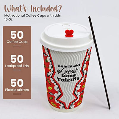 Dessie 50 Disposable Coffee Cups With Lids 16 oz, 5 Unique Designs. Motivational Hot Cups With Lids 16 oz, Heat Resistant, Leakproof & Sturdy. Paper Coffee Cups With Lids
