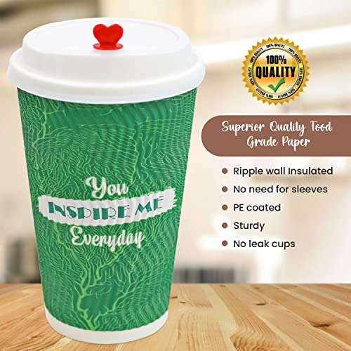 Dessie 50 Disposable Coffee Cups With Lids 16 oz, 5 Unique Designs. Motivational Hot Cups With Lids 16 oz, Heat Resistant, Leakproof & Sturdy. Paper Coffee Cups With Lids.