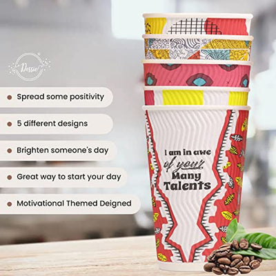 Dessie 50 Disposable Coffee Cups With Lids 16 oz, 5 Unique Designs, Ripple Wall & PE Coating. Motivational Hot Cups With Lids 16 oz, Heat Resistant, Leakproof & Sturdy. Paper Coffee Cups With Lids.