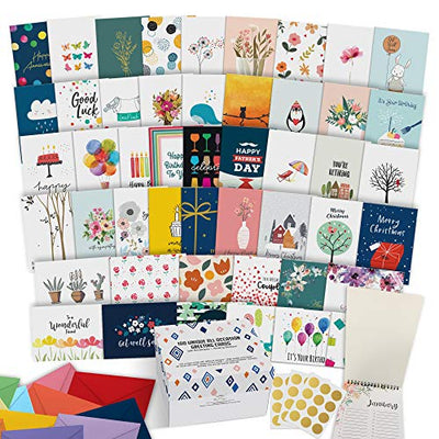 Dessie 110 Large All Occasion Greeting Cards Assortment w/Greetings Inside. Birthdays, Sympathy, Thinking Of You etc. Card Organizer Box + Dividers, Colored Envelopes, Gold Seals