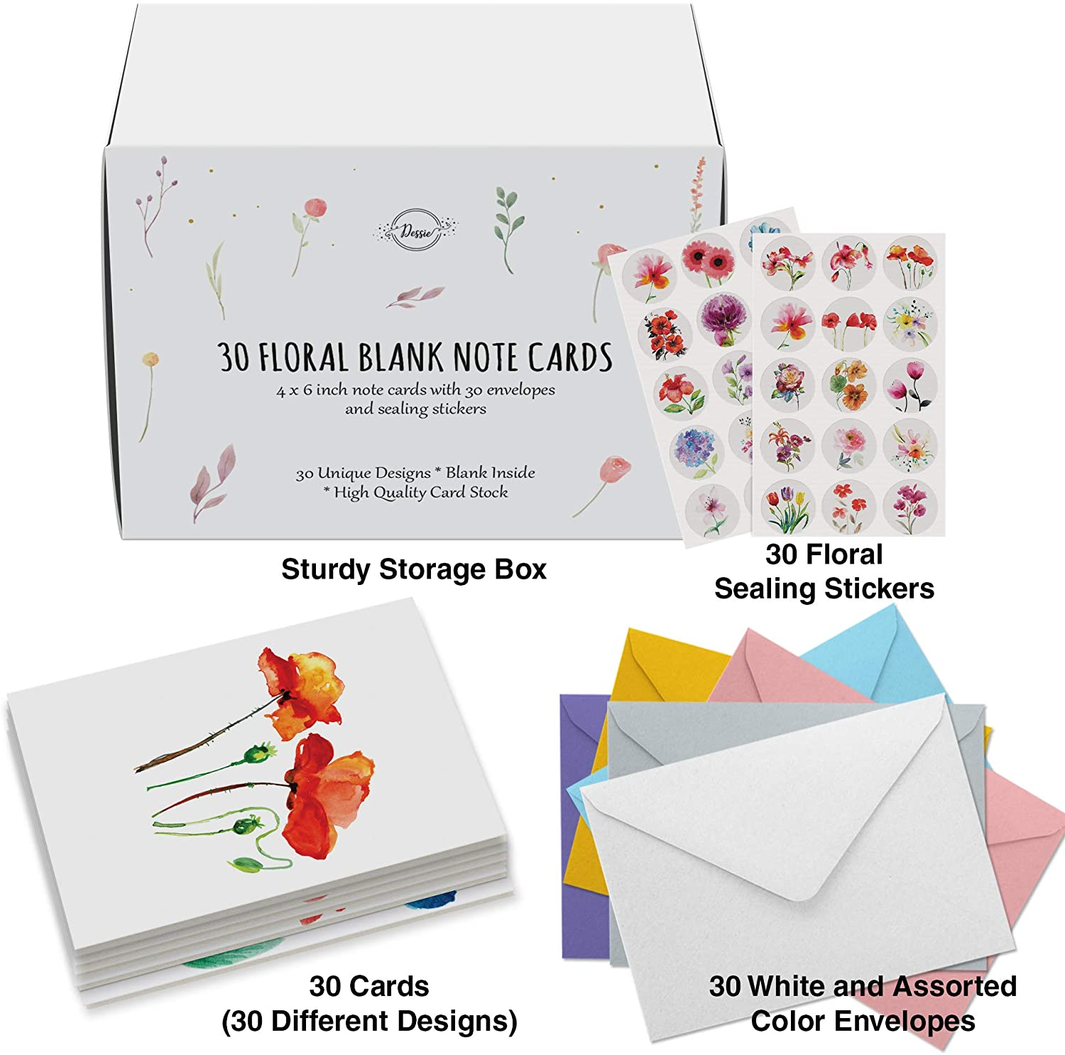 Dessie 30 Floral Watercolor Blank Cards with Envelopes - 30 Different 4x6 inch Blank Greeting Cards w/Assorted Color Envelopes & Matching Seals.