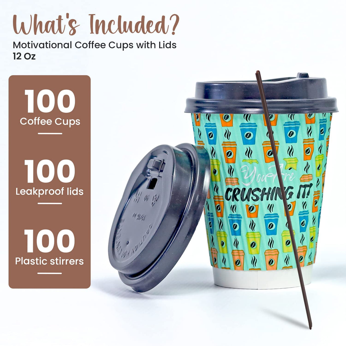 Dessie 100 Disposable Coffee Cups with Lids 12 Oz, To Go Coffee Paper Cups with Lids and Stirrers, Motivational Coffee Cups with Lids 12 Oz.