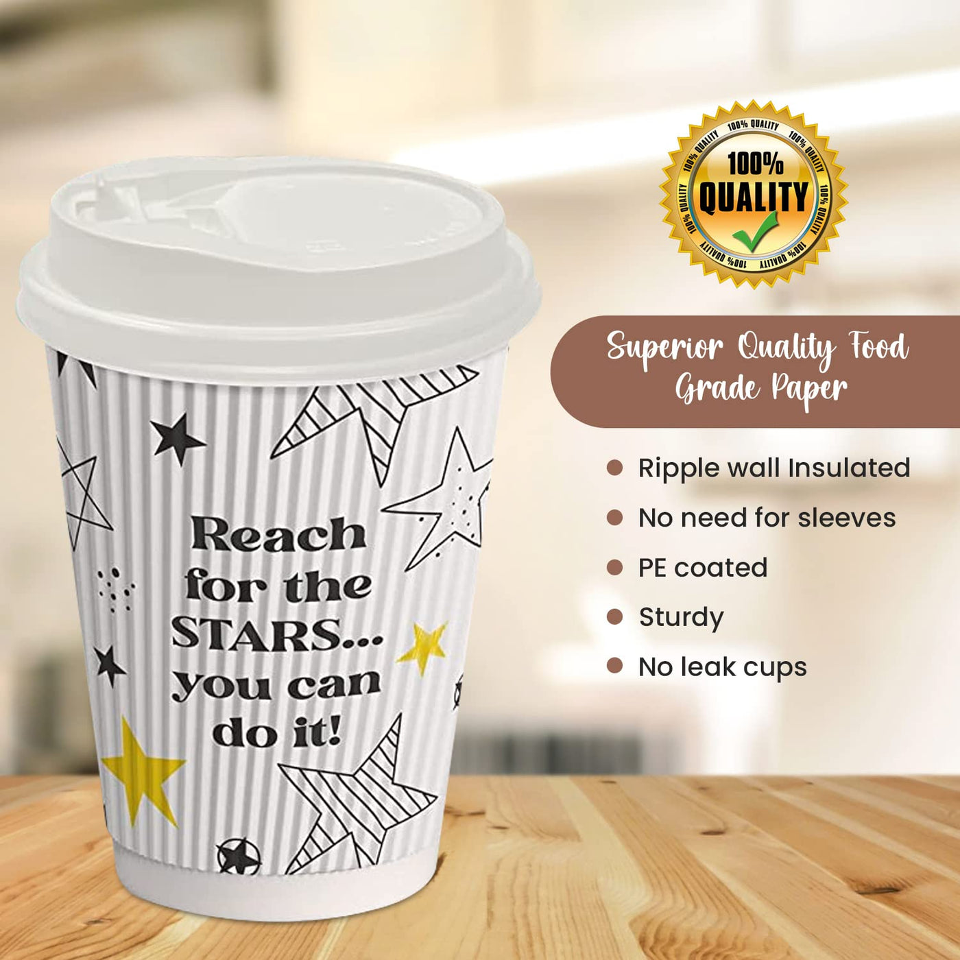 Dessie 100 Disposable Coffee Cups with Lids 12 Oz, To Go Coffee Paper Cups with Lids and Stirrers, Motivational Coffee Cups with Lids 12 Oz.