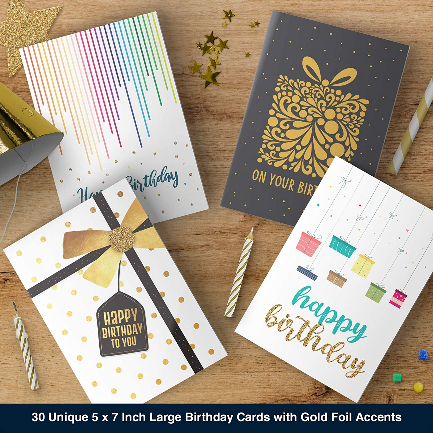 Dessie 30 Unique Happy Birthday Cards - 30 Gold Foil Birthday Cards Bulk With Message Inside