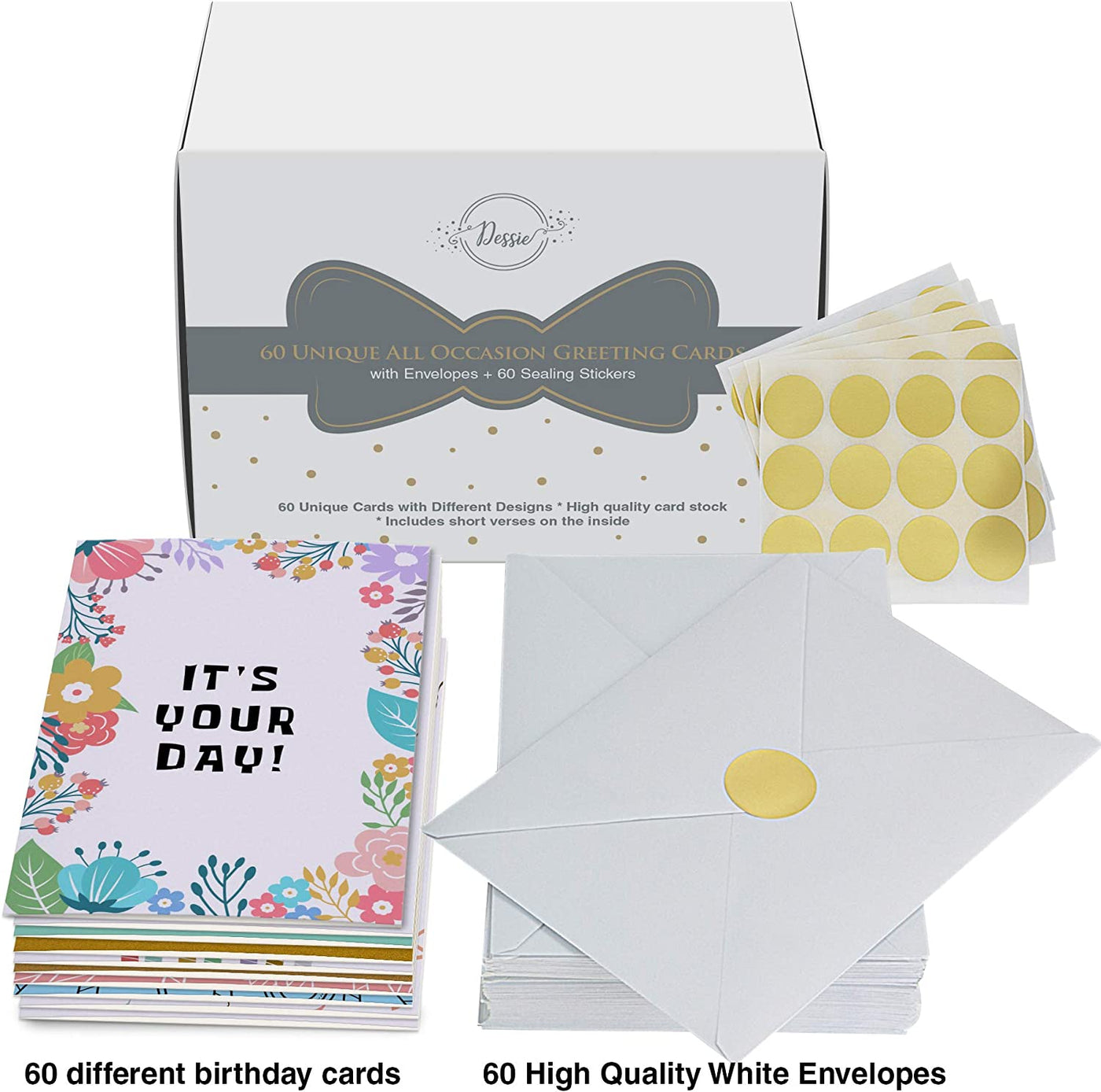 Dessie® 60 Happy Birthday Greeting Cards with Unique Designs and Birthday Wishes, 5”x 7”