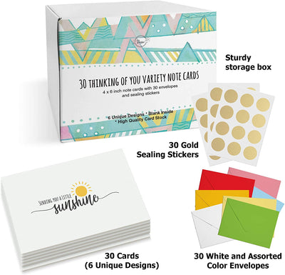 Dessie® 30 Fun and Cute 4” x 6” Thinking of You Note Cards with Envelopes, 6 Designs