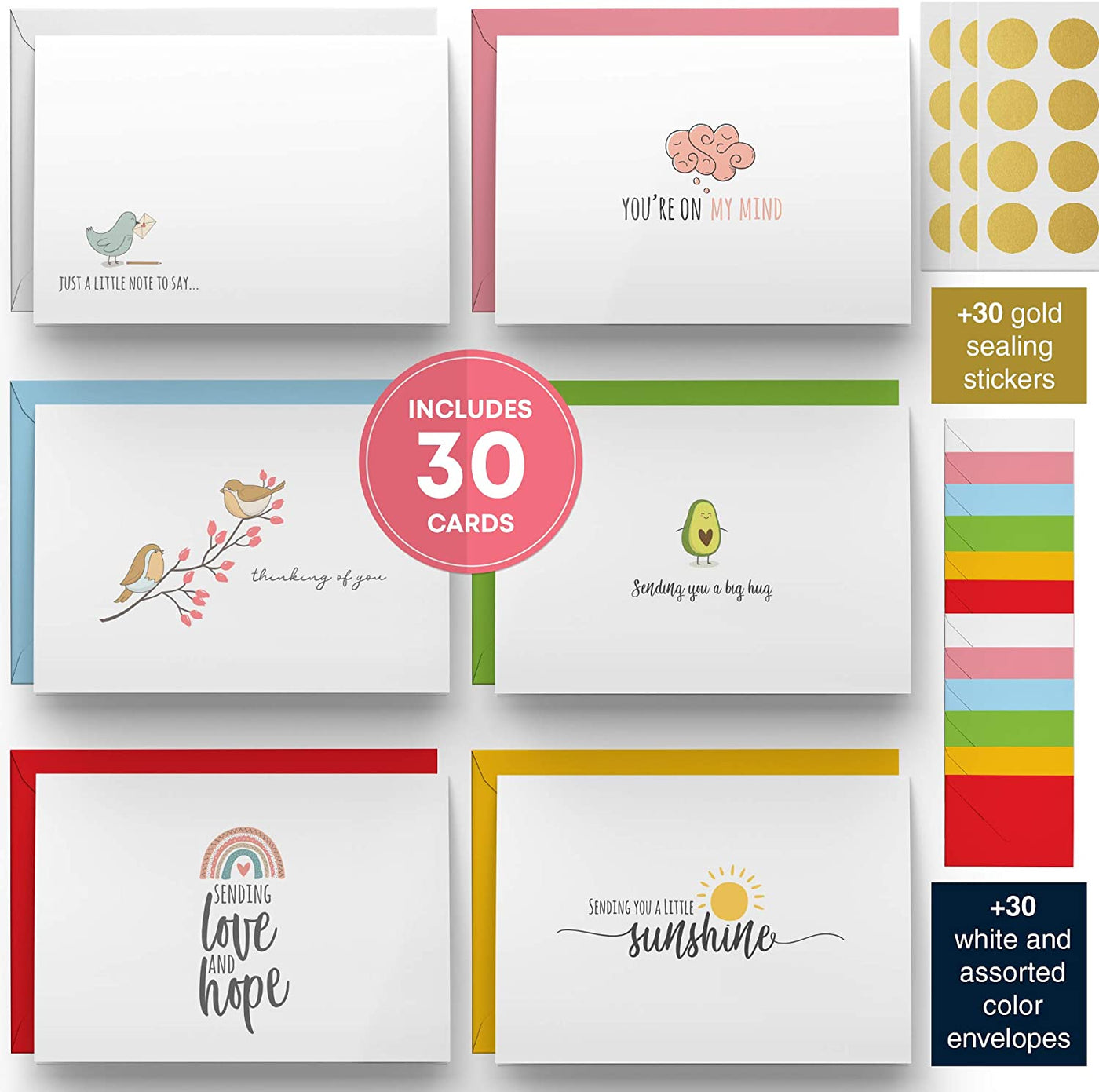 Dessie® 30 Fun and Cute 4” x 6” Thinking of You Note Cards with Envelopes, 6 Designs